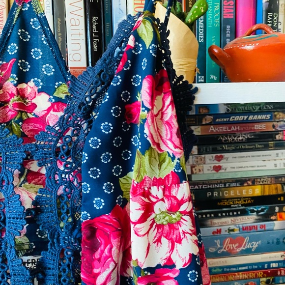 Free People | NEW Strappy Blue Floral Rose Lace Trim Midi Dress - Picture 7 of 13